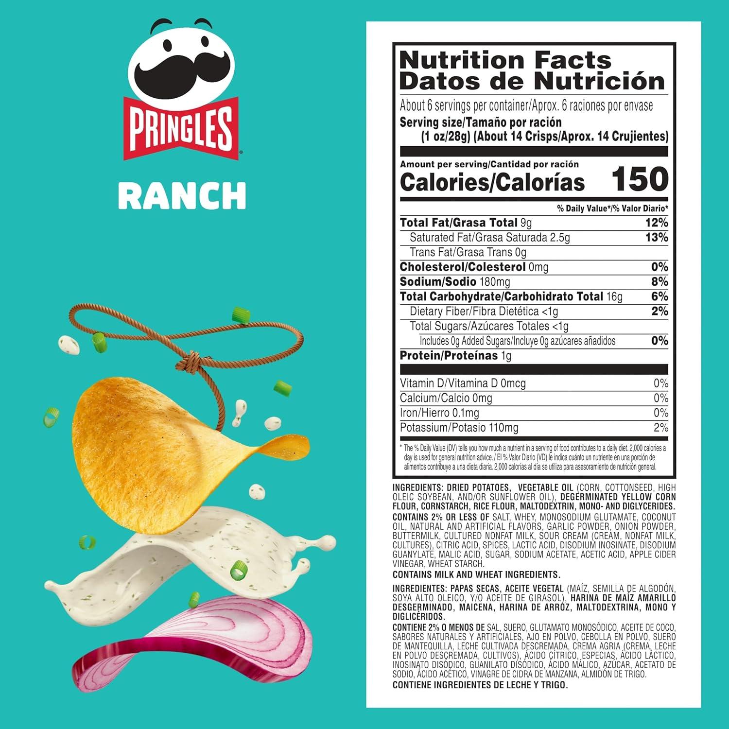 image:imagePringles Potato Crisps Chips Lunch Snacks OnTheGo Snacks Ranch 55oz Can 1 Can55 Ounce Pack of 1